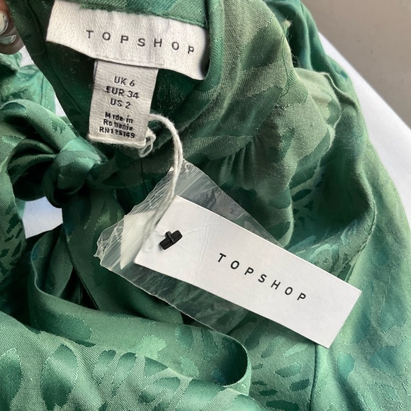 Topshop Green Jacquard Tie Neck Jumpsuit Long Sleeve Size US 2 Elegant - Picture 5 of 12